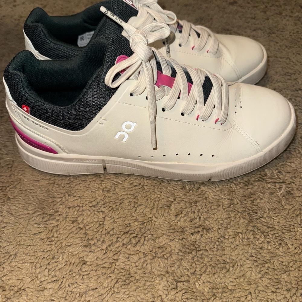 On Running White Sneakers with Pink & Hunter Green Details